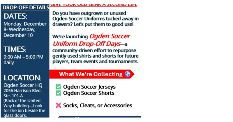 Give Old Uniforms New Life - Ogden Soccer Uniform Drop-Off Days!